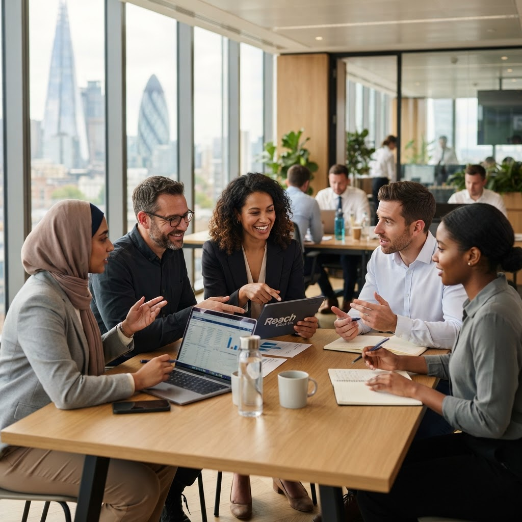 A team of professionals collaborating in a modern office